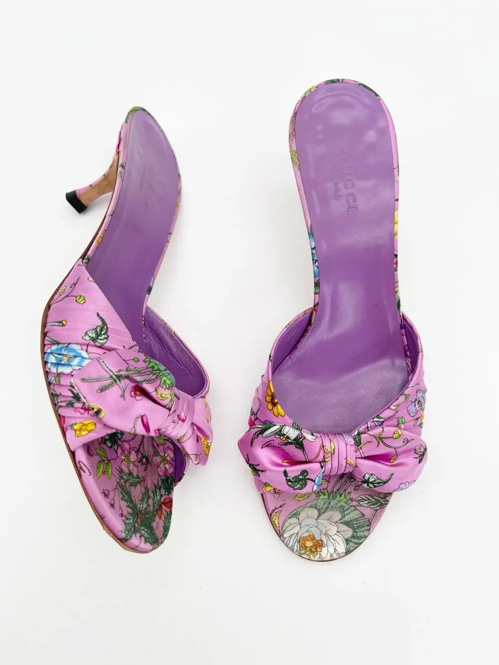 Gucci Vintage Retro Pink Flora Floral Print Bow Kitten Heel Mule Sandals US 6
